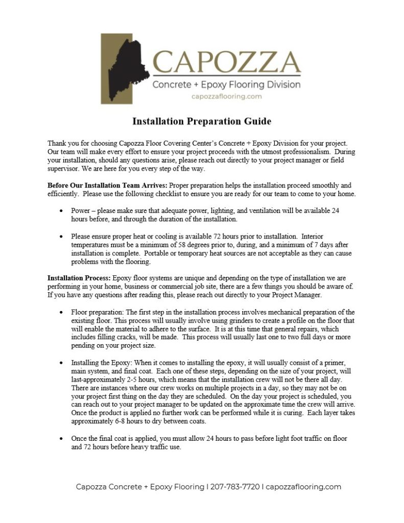 Capozza Concrete + Epoxy Installation Preparation Guide