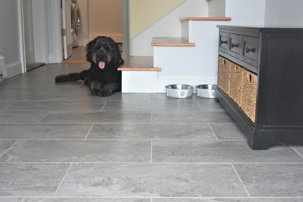 Coastal Home, Entry, Mudroom, Large Format Stone Look Tiled Floor, Pet Friendly, Low Maintenance