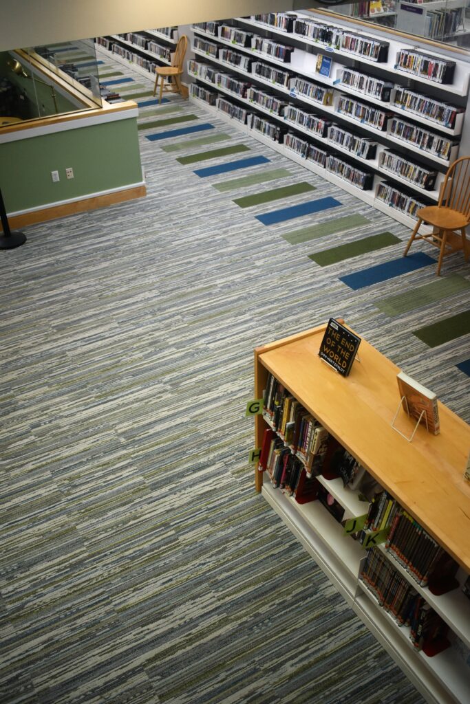 Capozza Tile - Commercial - Curtis Memorial Library - First Floor Landing - color blocking - coastal inspired - linear - colorful - Interface - Carpet Tile
