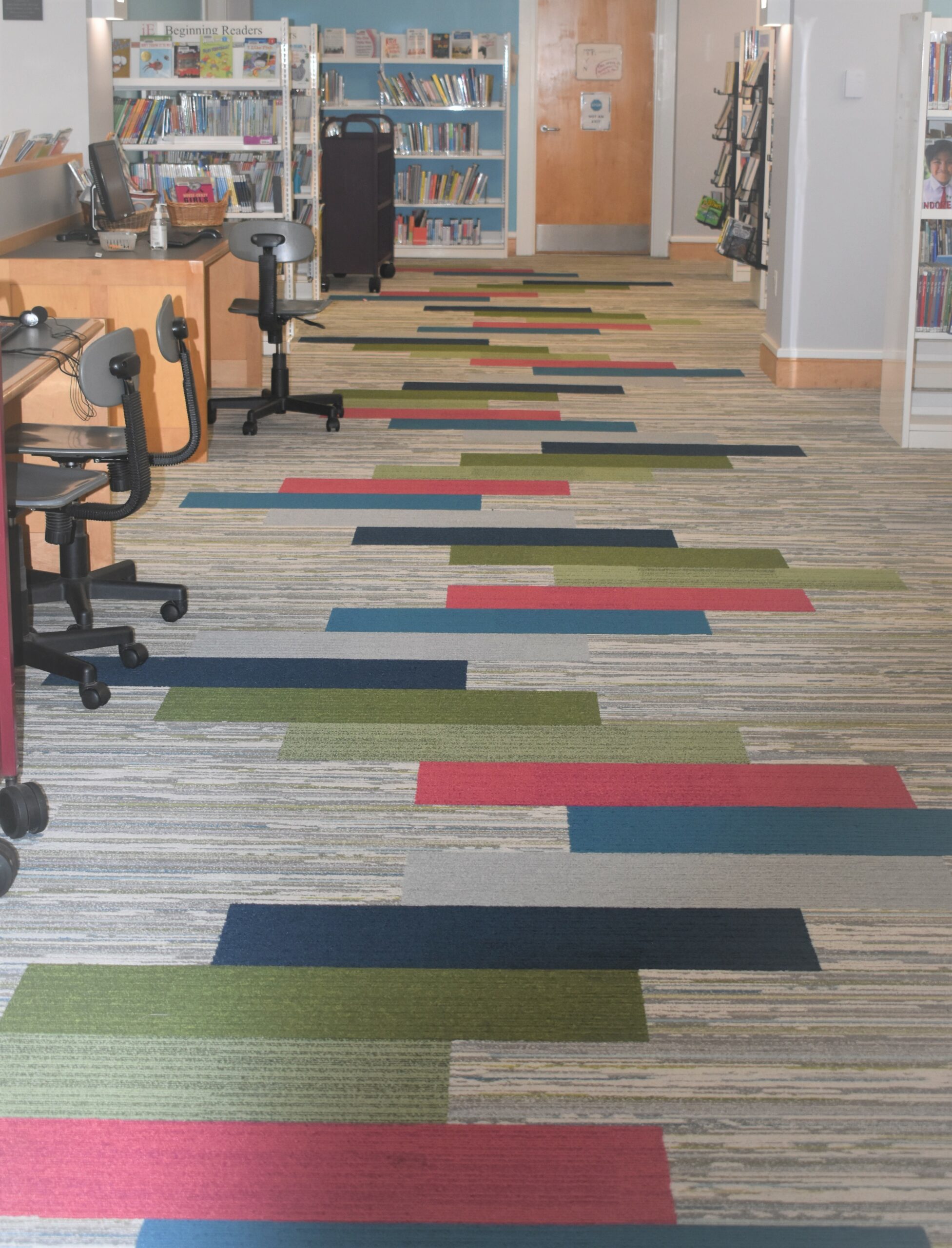 Capozza Tile - Commercial - Curtis Memorial Library - Hallway - color blocking - whimsical - linear - colorful - Interface - Carpet Tile