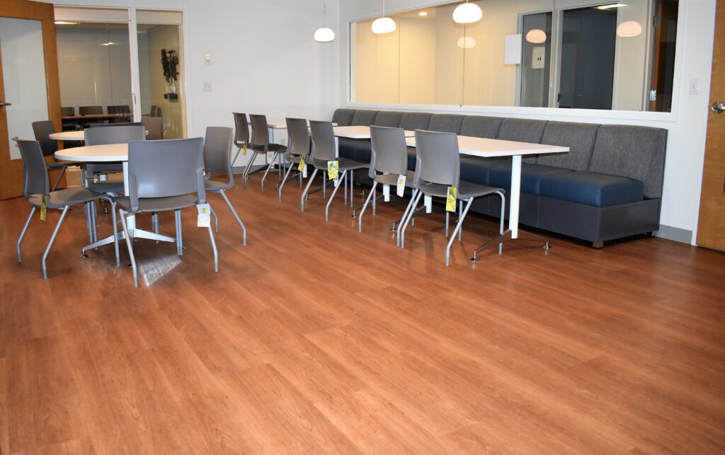 Preble Street Healing Center - Break Room, Cafeteria, LVT, Luxury Vinyl Tile, Interface, Natural Woodgrains, Teak, Cove Base, Vinyl, Grey, Gray
