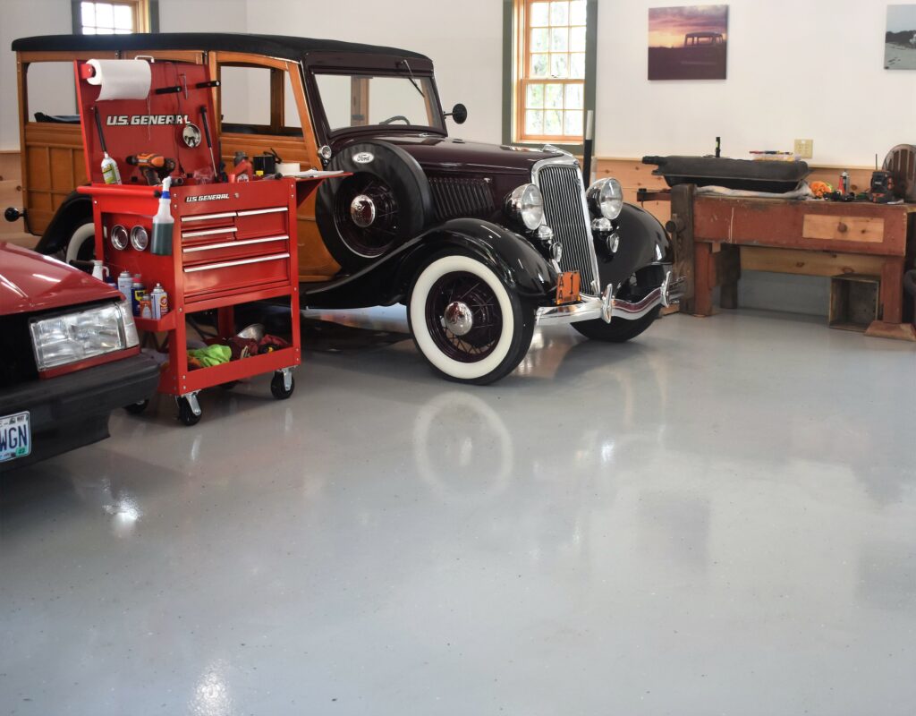 Vintage Car Garage - Solid Color Gray Epoxy Floor with a sprinkle of flake